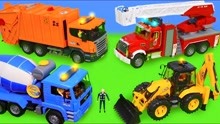 垃圾车，混凝土搅拌机，消防车，拖拉机，警车和挖掘机儿童玩具车