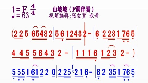 同步动态伴奏简谱视频合集 动态伴奏f调《山坡坡》简谱